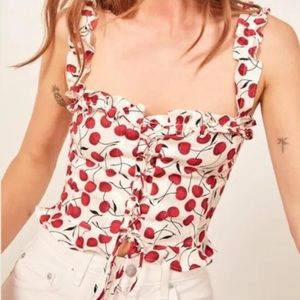Reformation Bayley Top Cherry 10 Linen Lace Up Corset Ruffle Tank Cute